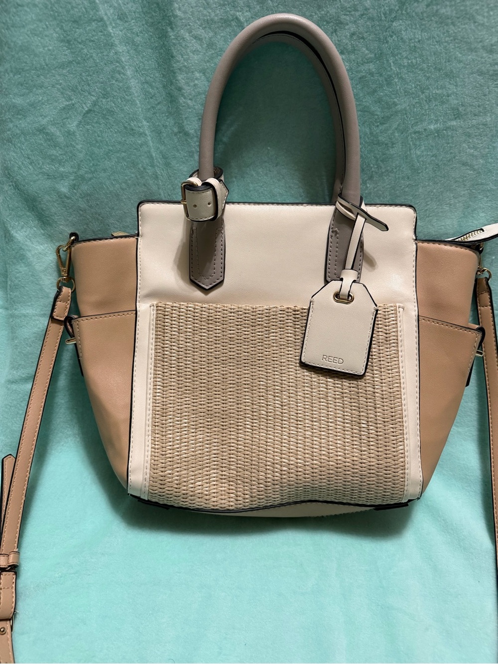 REED/Reed Krakoff Beige Ivory Gray Colorblock Crossbody Satchel Bag